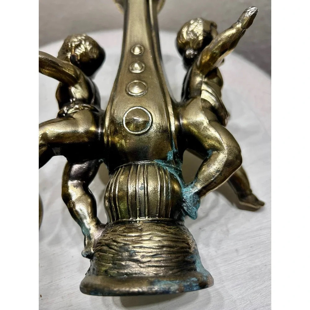 Vintage Cherub Brass Tone Candle Holder Pair Ornate Putti Neoclassical Decor Set